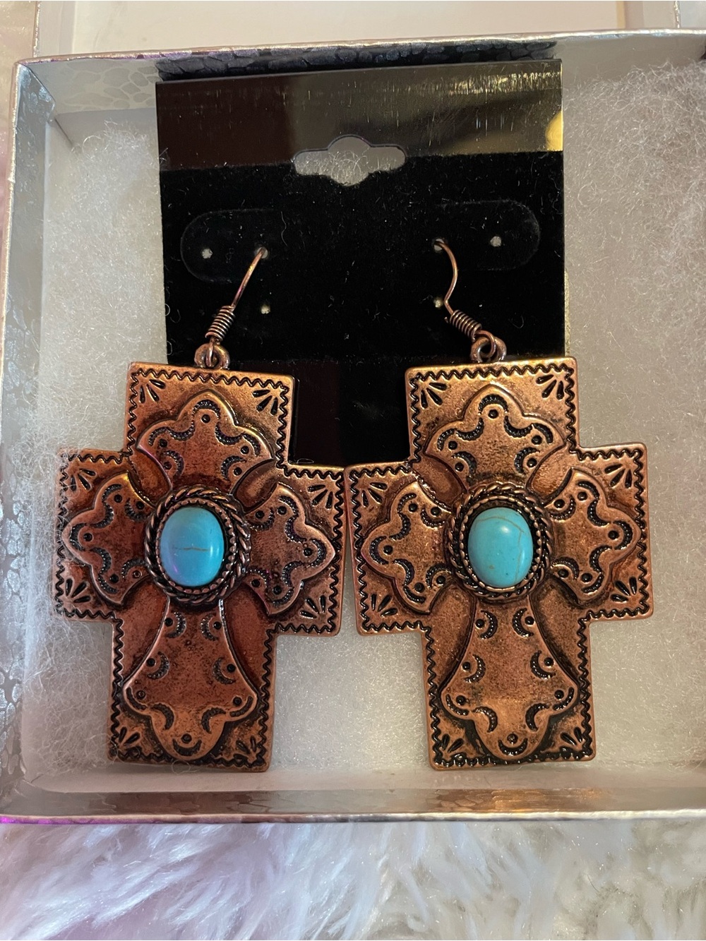 Copper Cross Drop Earrings with Turquoise Accent